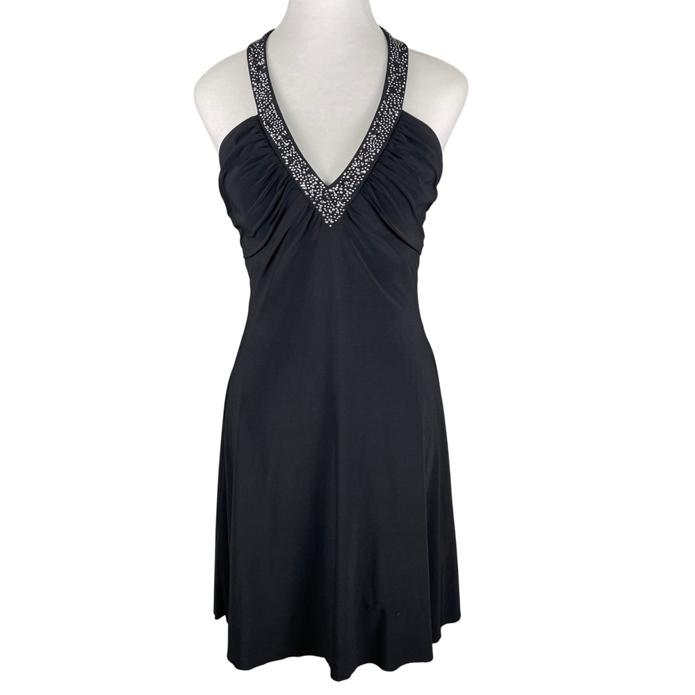 Betsy & Adam Halter Dress Womens 10 Black VG Rhinestone V-Neck Ruched Bust VTG